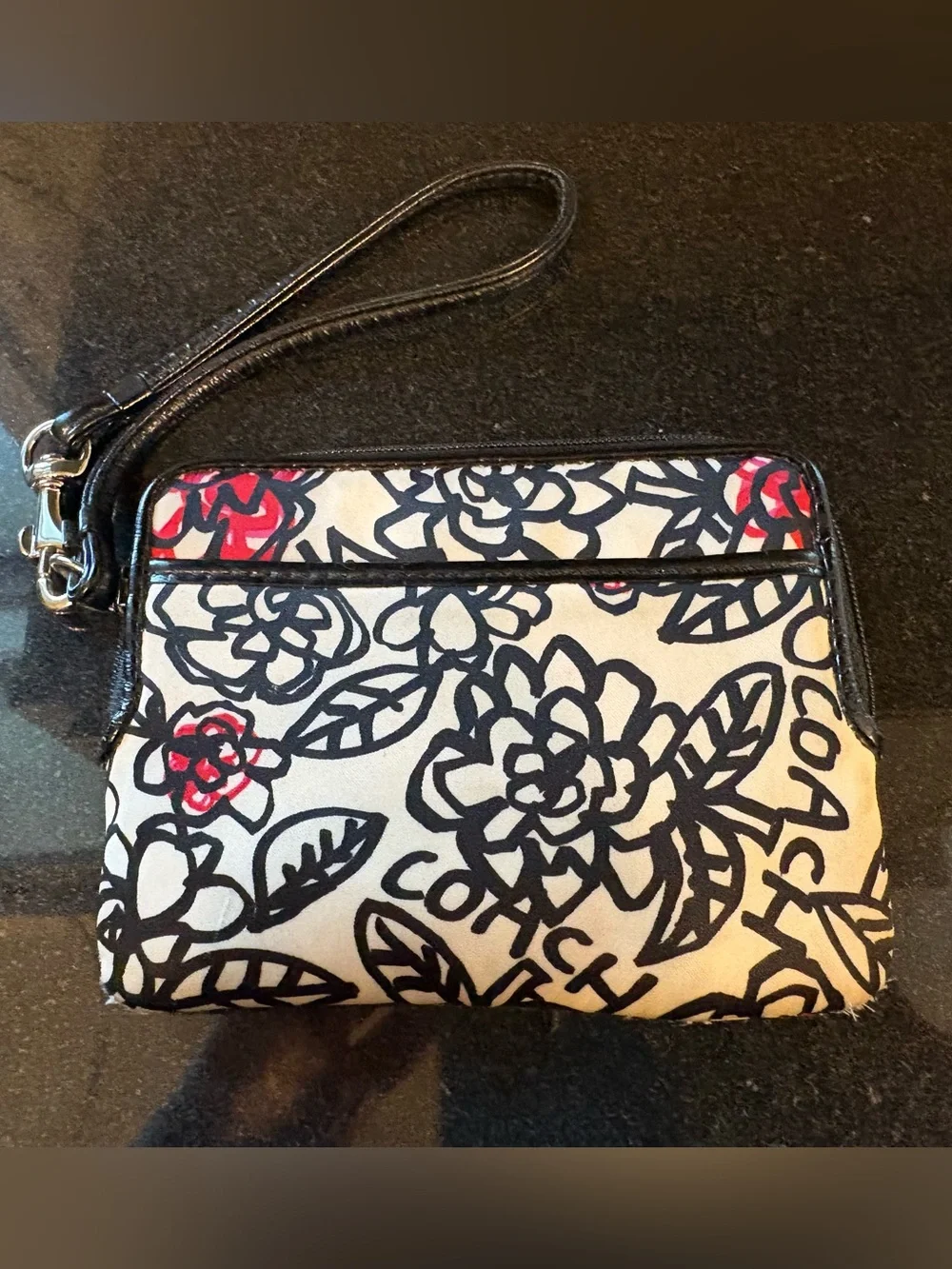 Coach Floral Wristlet in Black, White & Red Trim